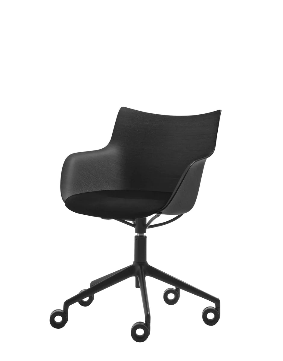 Kartell Q/Wood Armchair With Wheels, Black Wood/Black/Black