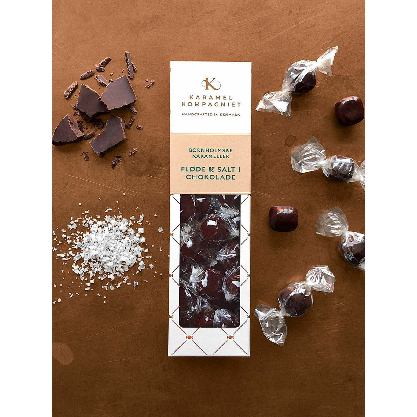 Karamel Kompagniet Caramels, Creme und Salz in dunkler Schokolade 109g