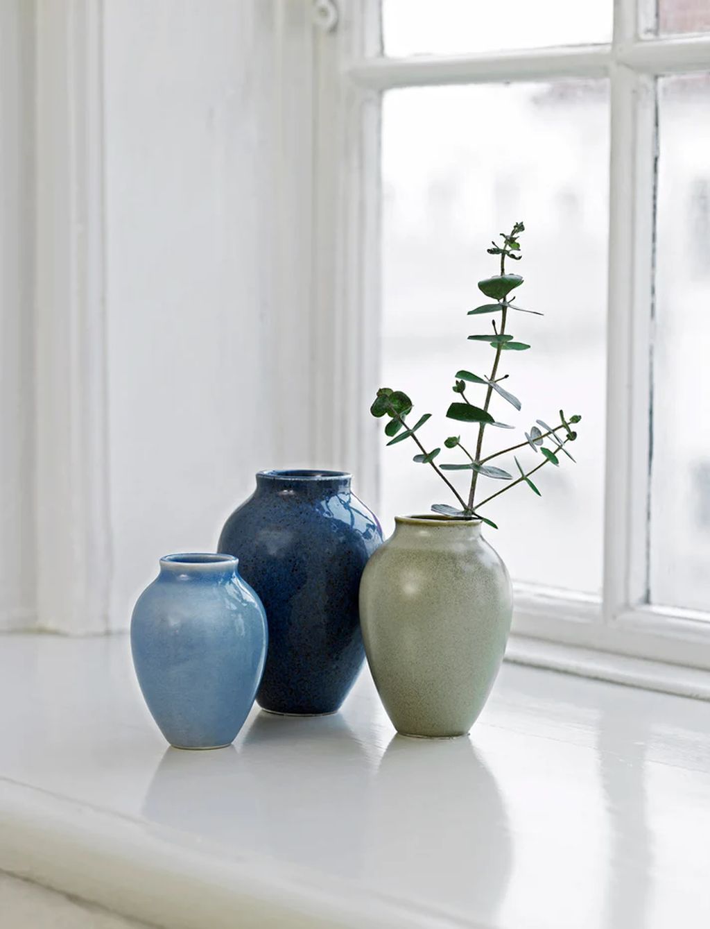 Juego de jarrón Knabstrup Keramik de 3 h 11/9,5/8 cm, azul oscuro/azul claro/verde oliva