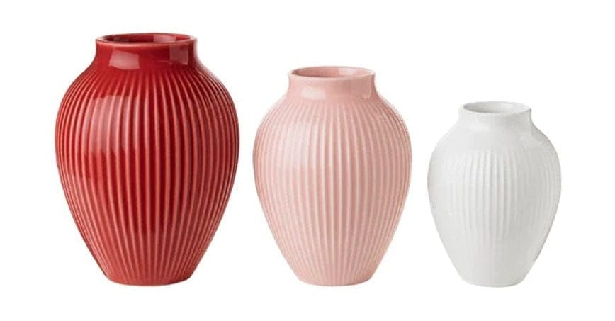 Knabstrup Keramik Vase With Grooves Set Of 3 11/9,5/8 Cm, Bordeaux/Pink/White