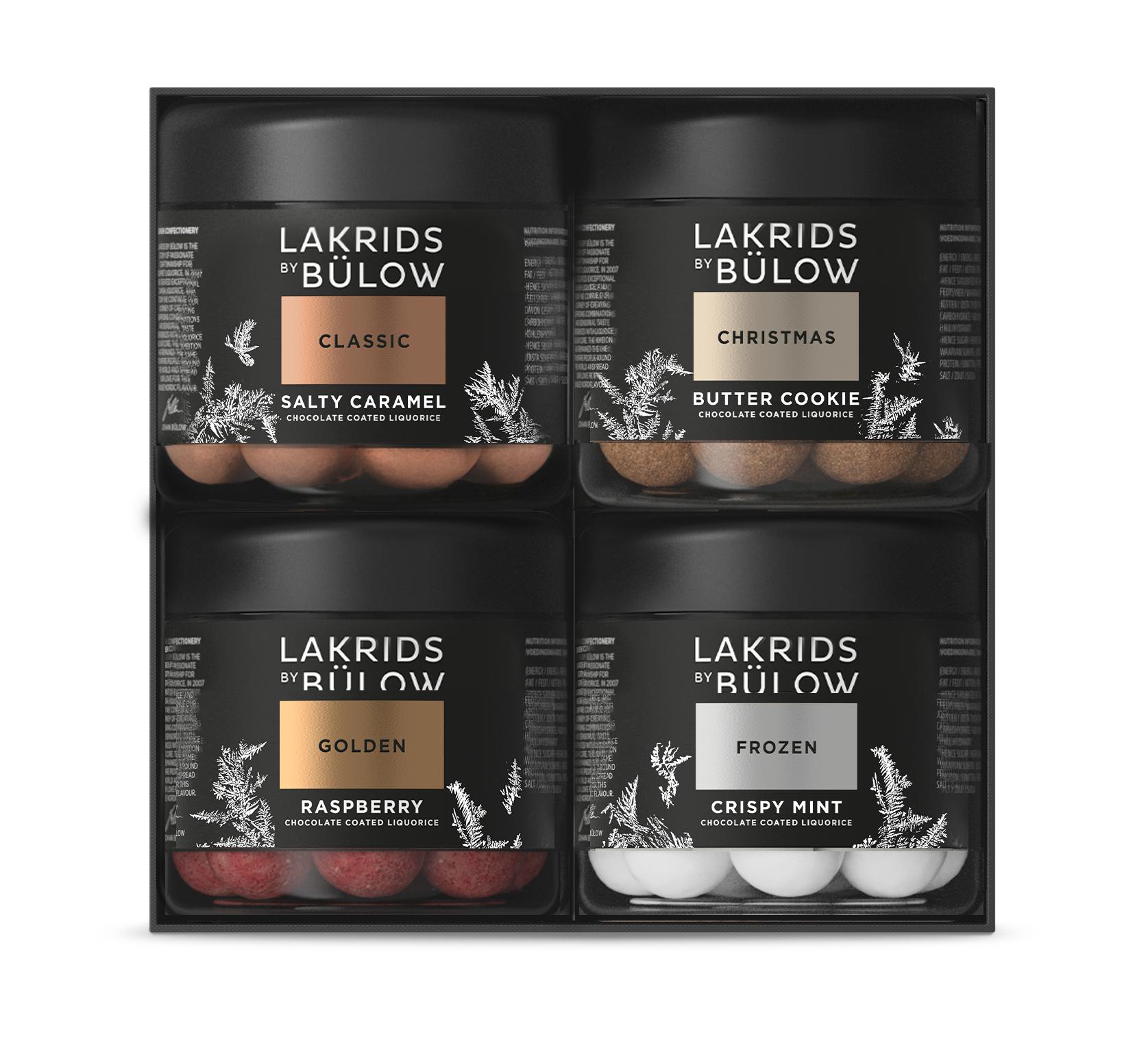 Lakrids by Bülow Black Box Classic Salty Caramel / Golden Raspberry / Christmas Butter Cookie / Frozen Crispy Mint, 500 grammes