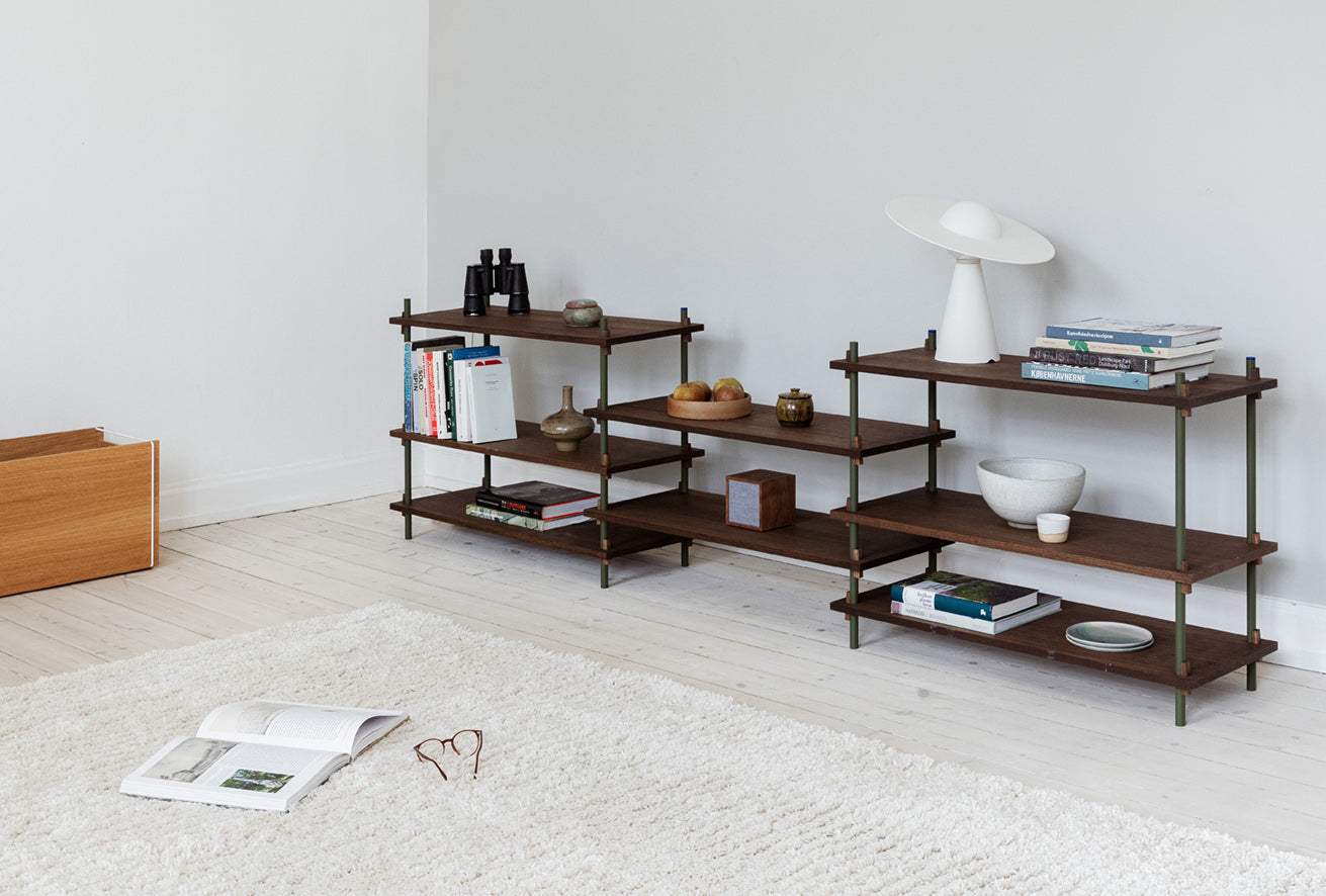 Moebe Shelving System S.255.2.E, Smoked Oak/Pine Green