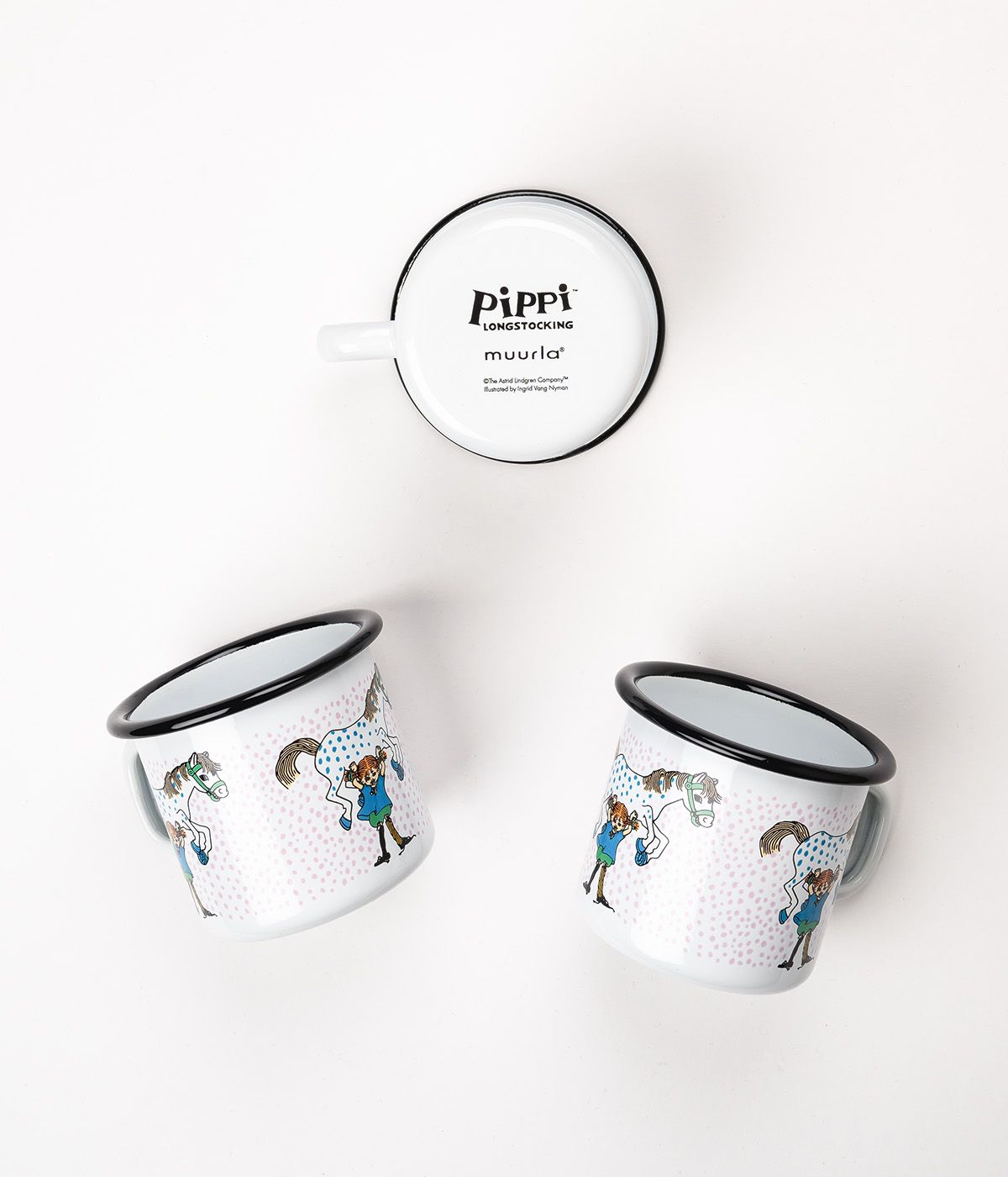 Muurla Pippi Taza de esmalte de larga duración, Pippi y el caballo, blanco