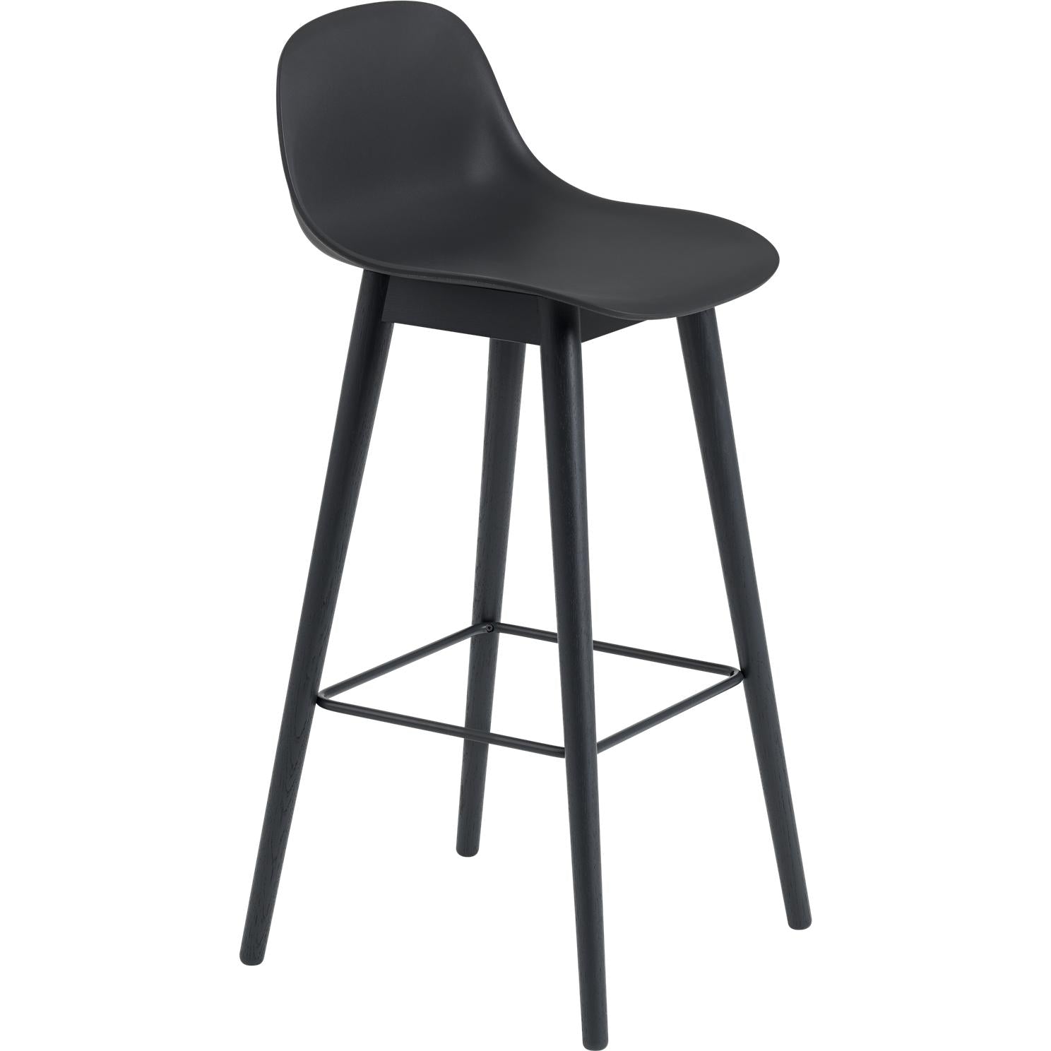 Muuto Fiber Bar Stuhl mit Rückenlehne Holzbeinen, Faser-/Ledersitz, schwarz