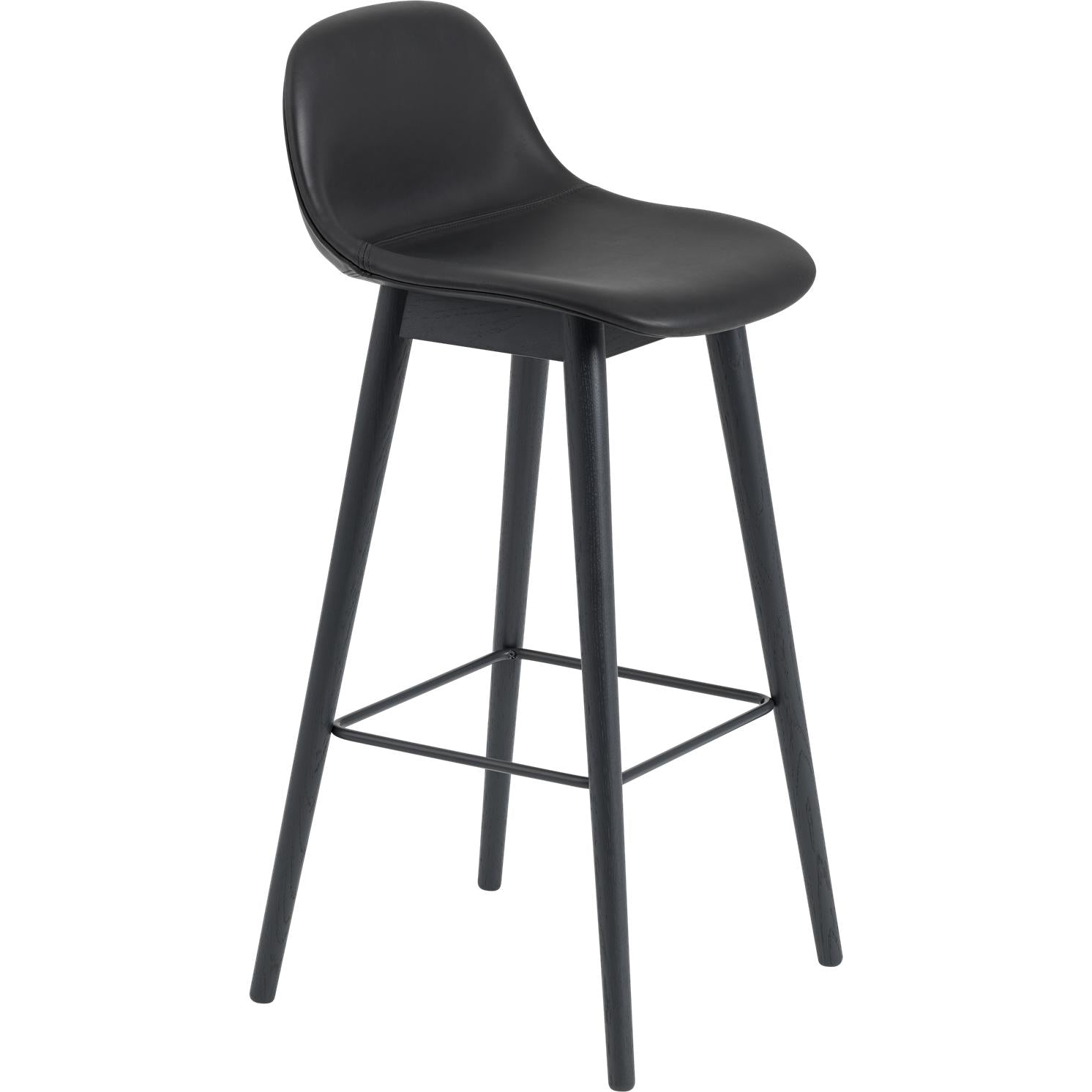 Cadeira de bar de fibra Muuto com pernas de madeira de encosto, assento de fibra/couro, couro preto refino
