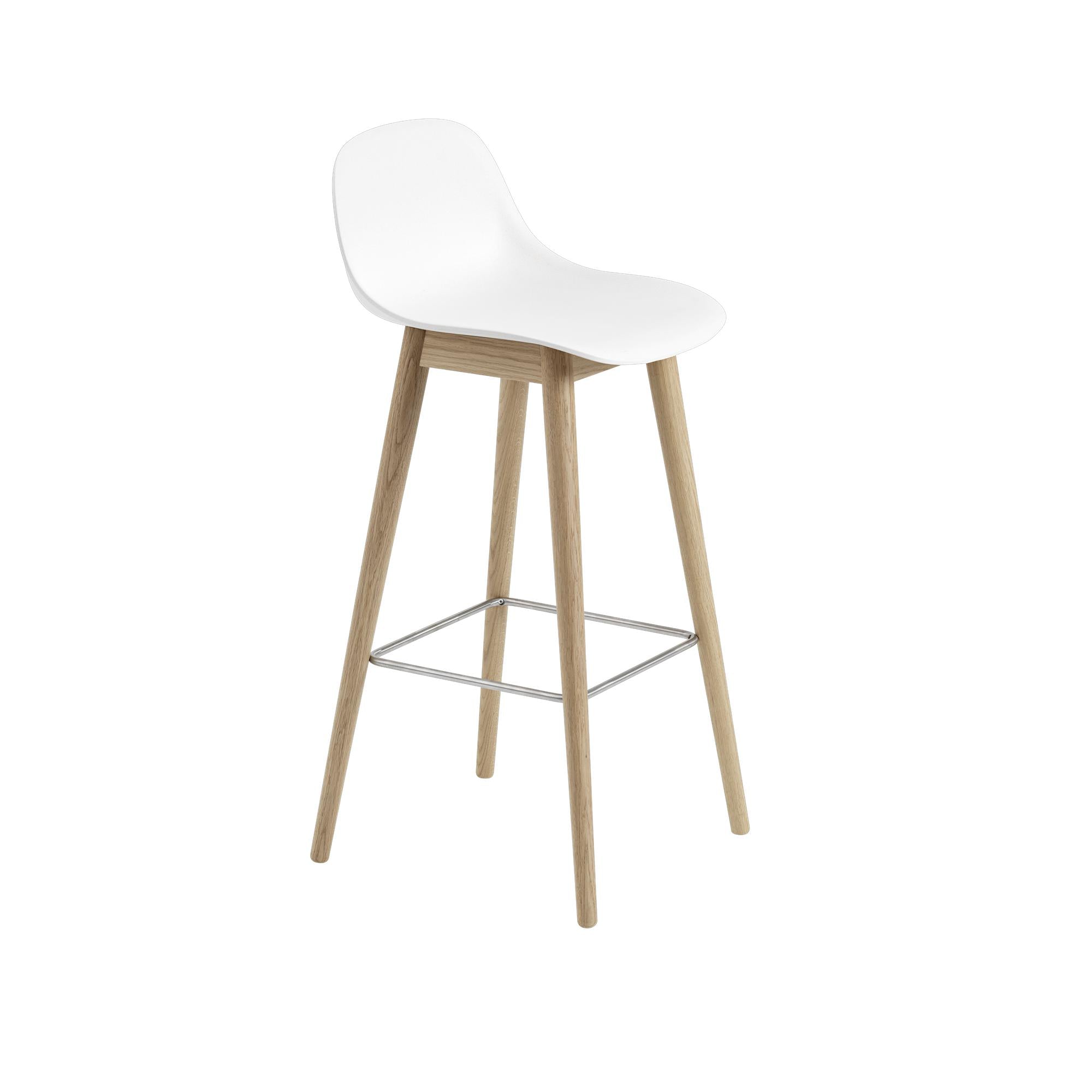 Muuto Fiber Bar Chair With Backrest Wooden Legs, Fiber/Leather Seat, White/Oak