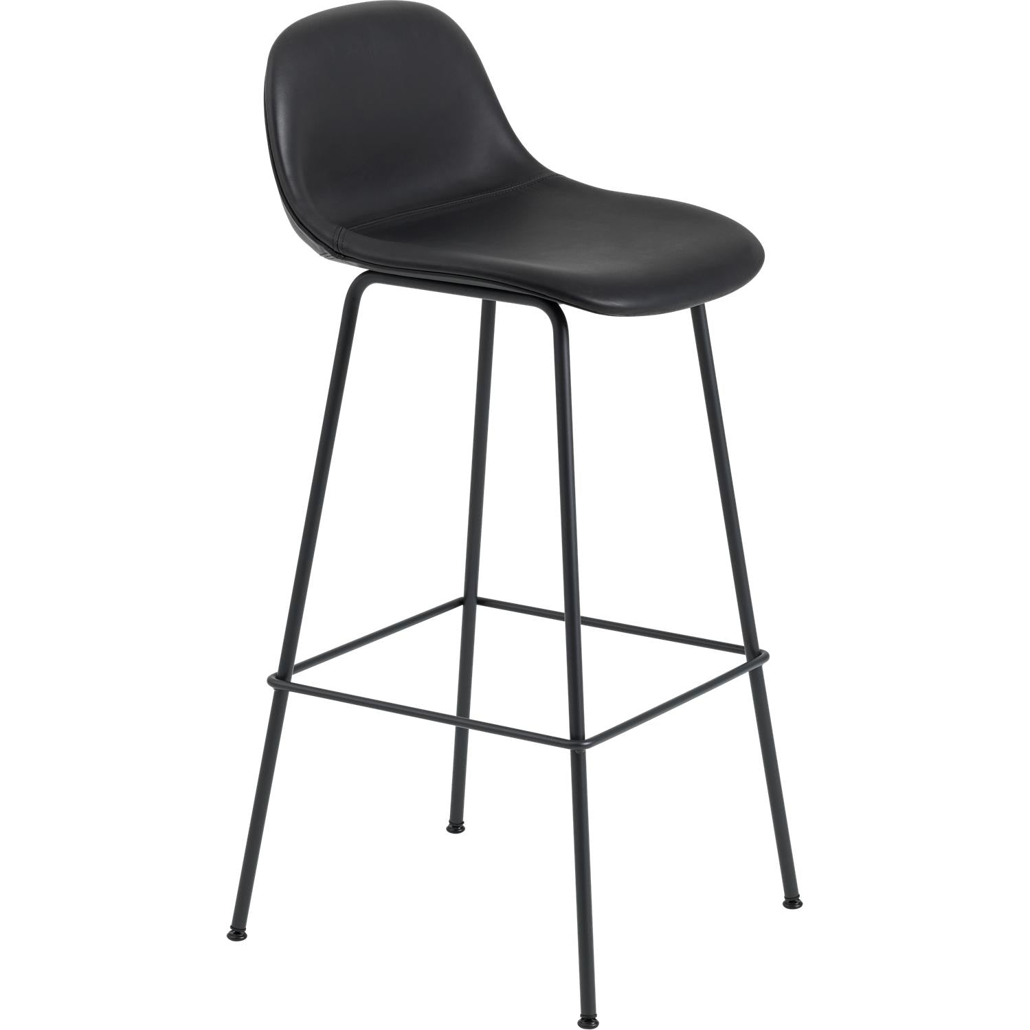 Chaise de bar à fibre Muuto avec base de tube de dossier, siège en fibre / cuir, cuir raffine noir