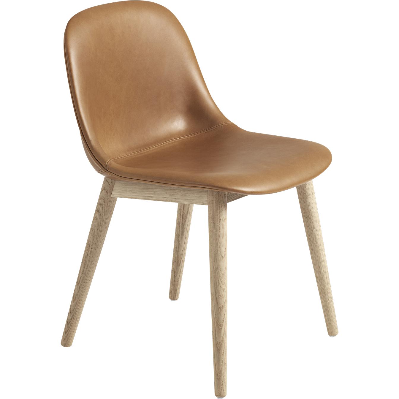 Pernas de madeira de cadeira lateral de fibra muto, assento de couro, couro marrom conhaque