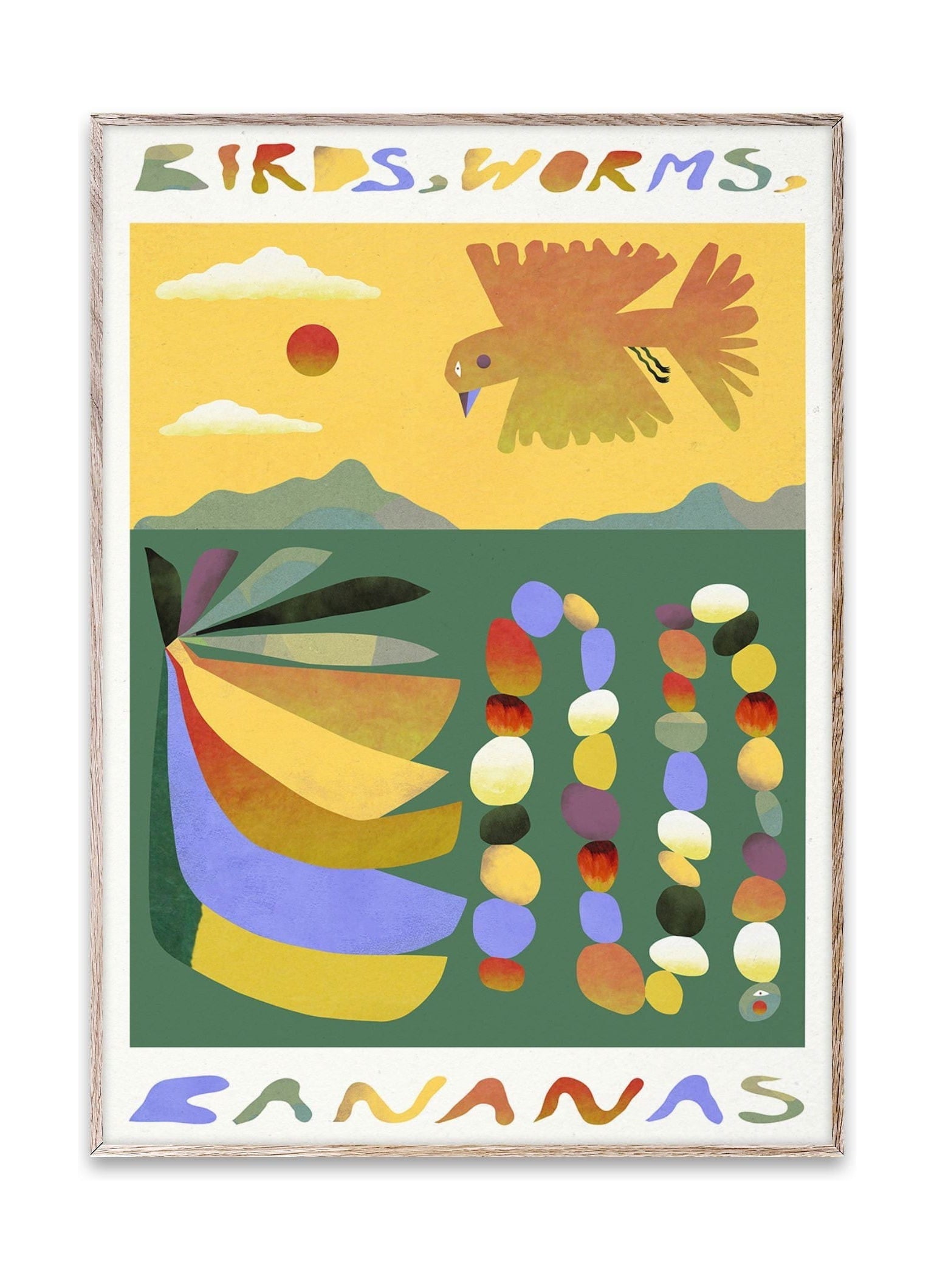 Papirkollektive fugle, orme, bananer plakat, 30 x40 cm