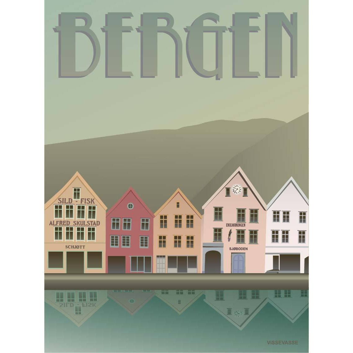 Vissevasse Bergen Bryggen plakat, 15 x21 cm
