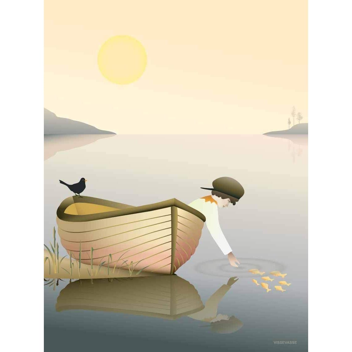 Vissevasse -Junge in einem Bootsplakat, 15 x21 cm