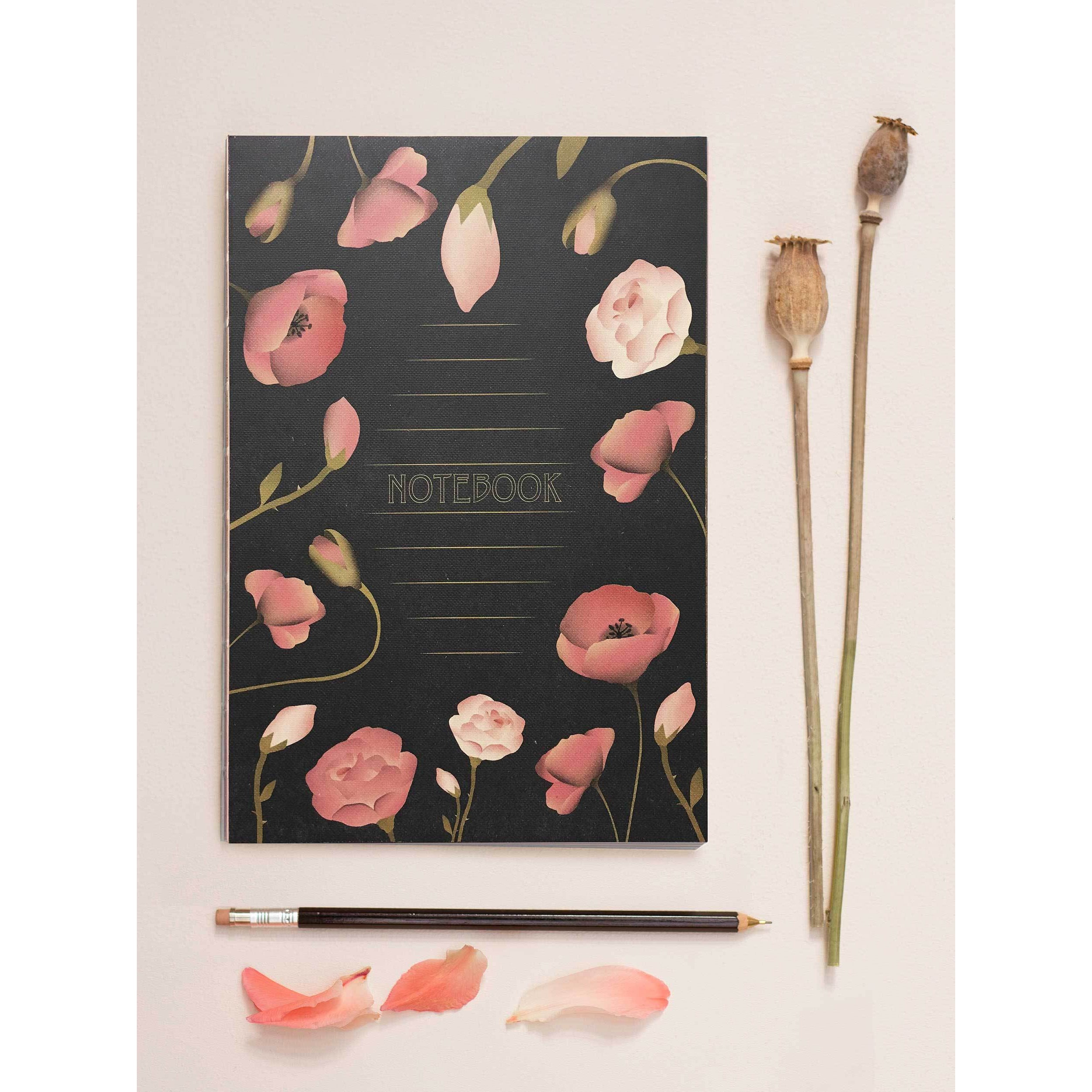 Vissevasse -Notizbuch mit Blumen, schwarz, Medium