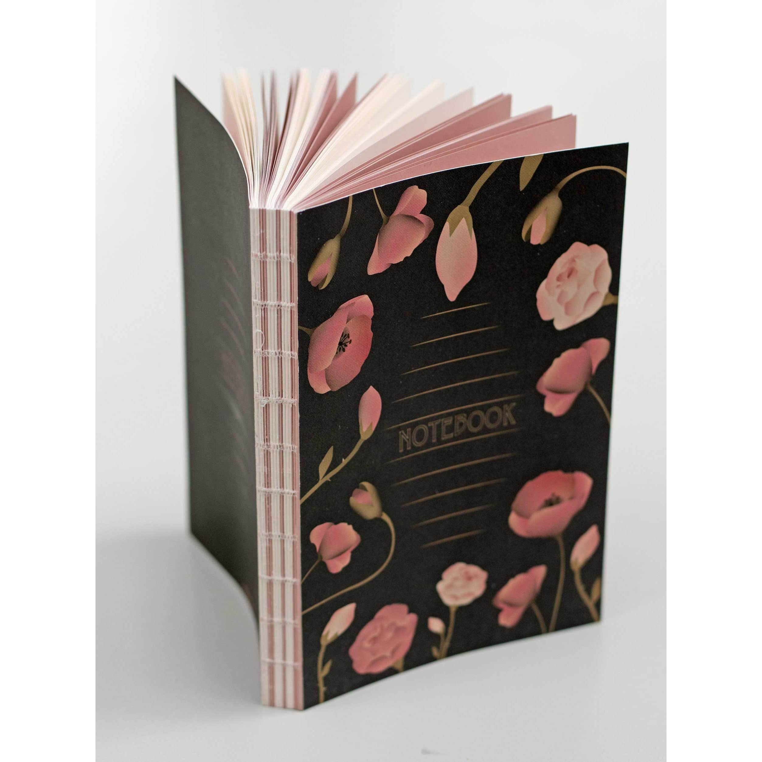 Vissevasse -Notizbuch mit Blumen, schwarz, Medium