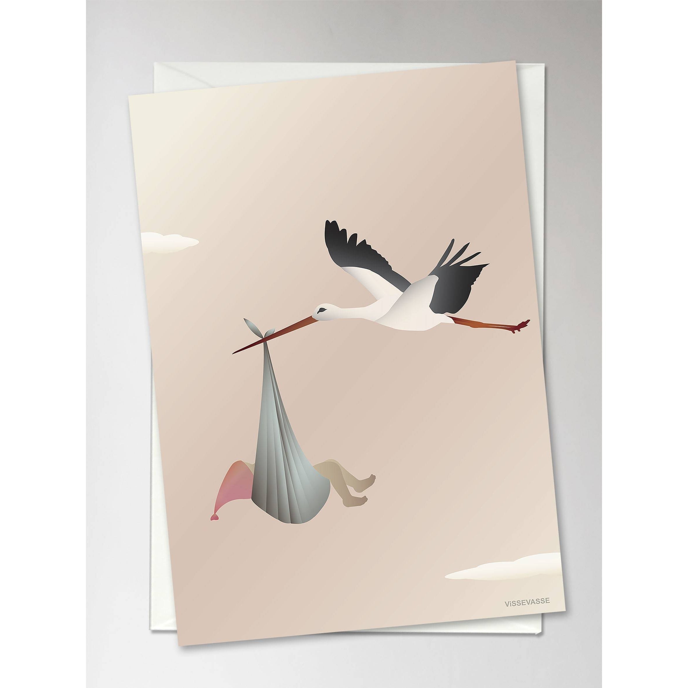 Vissevasse Stork lykønskningskort 10,5 x15 cm, lyserød