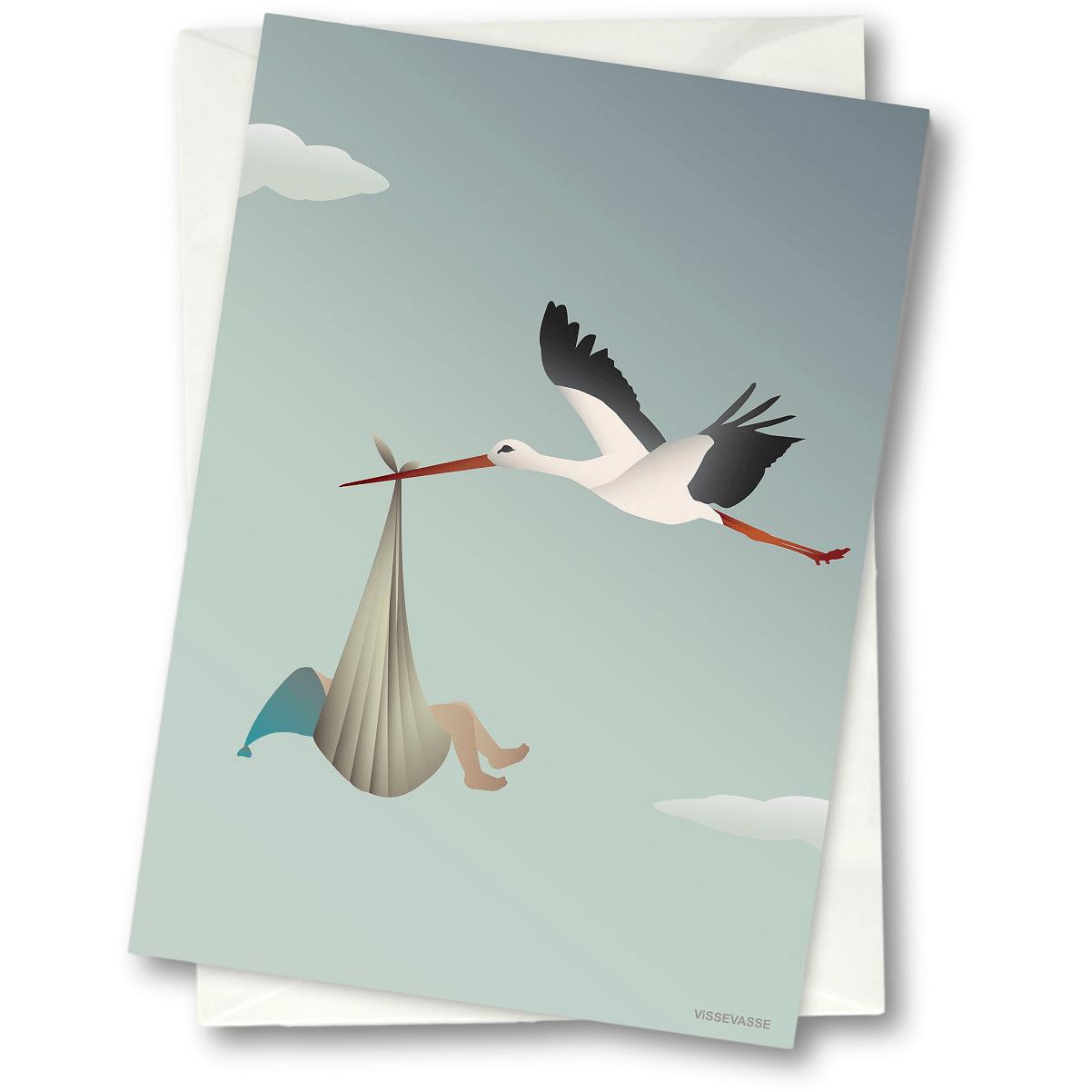 Vissevasse Stork lykønskningskort 15 x21 cm, blå