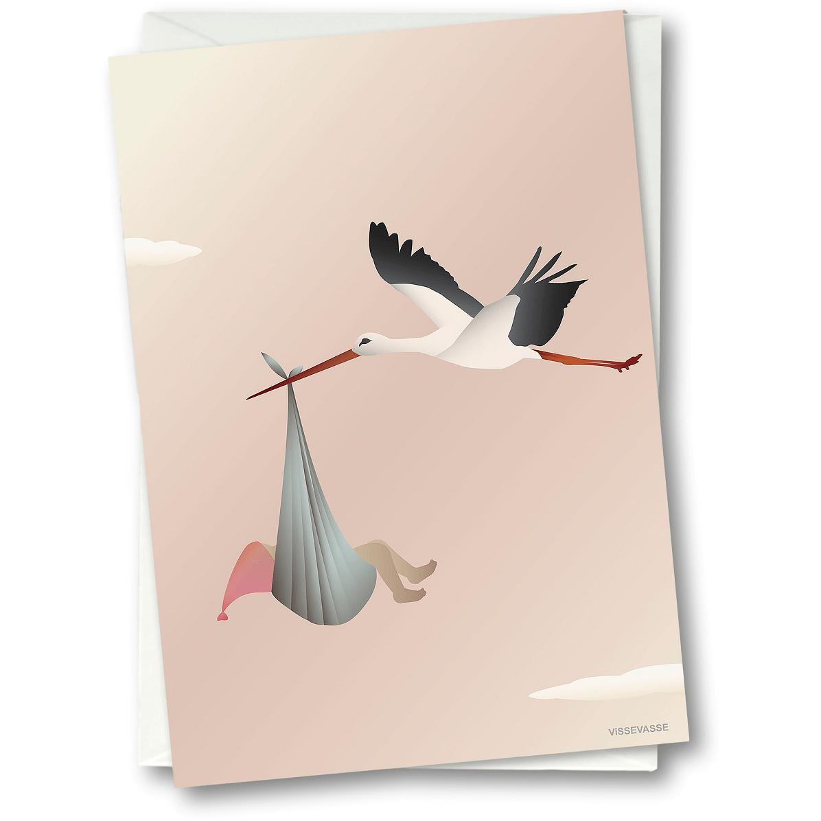 Vissevasse Stork gratulationskort 15 x21 cm, rosa