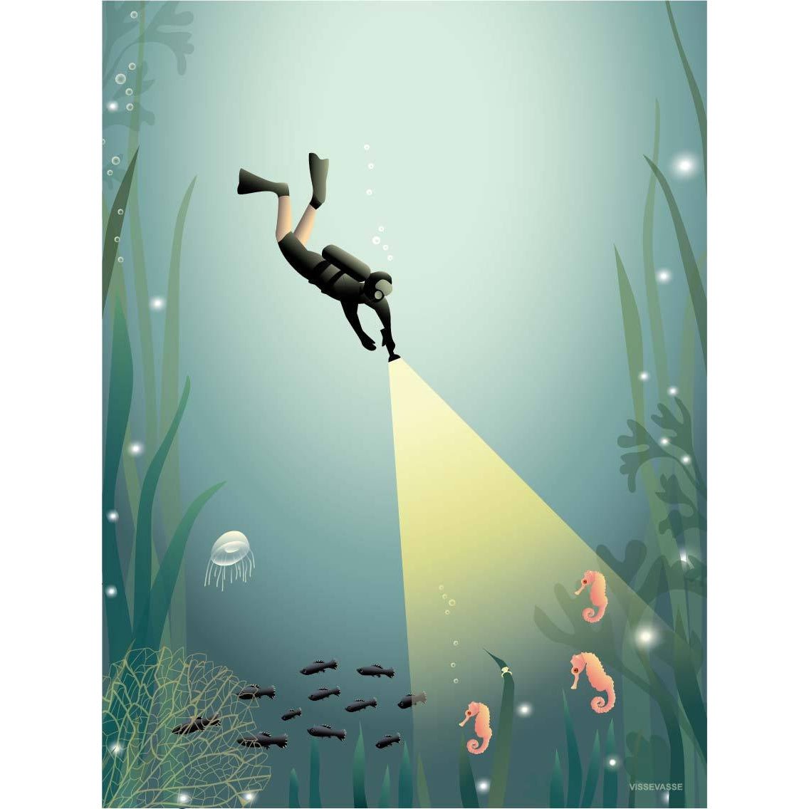 Vissevasse -Diver -Poster, 15 x21 cm