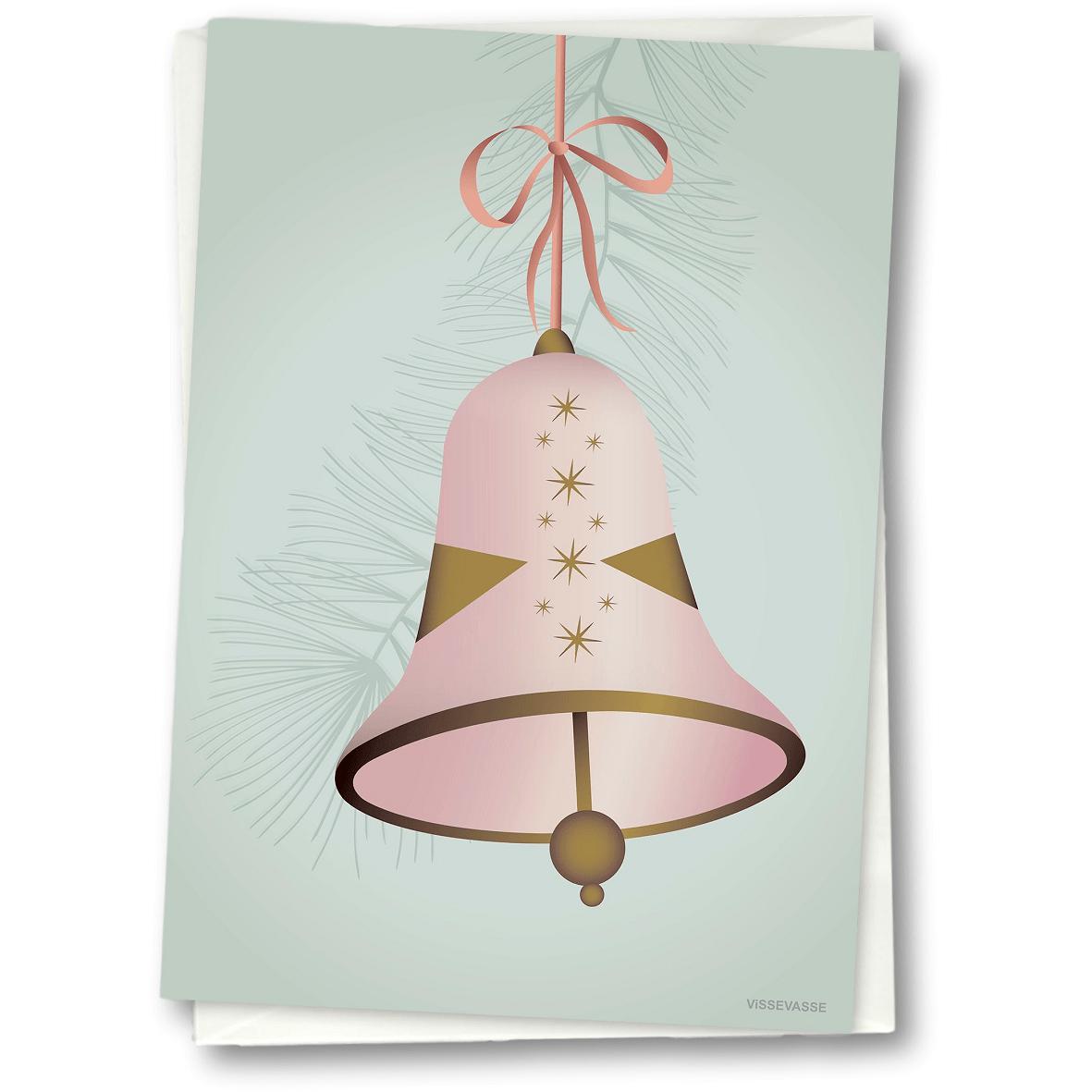 Vissevasse juleklokke lykønskningskort 15 x21 cm, lyserød