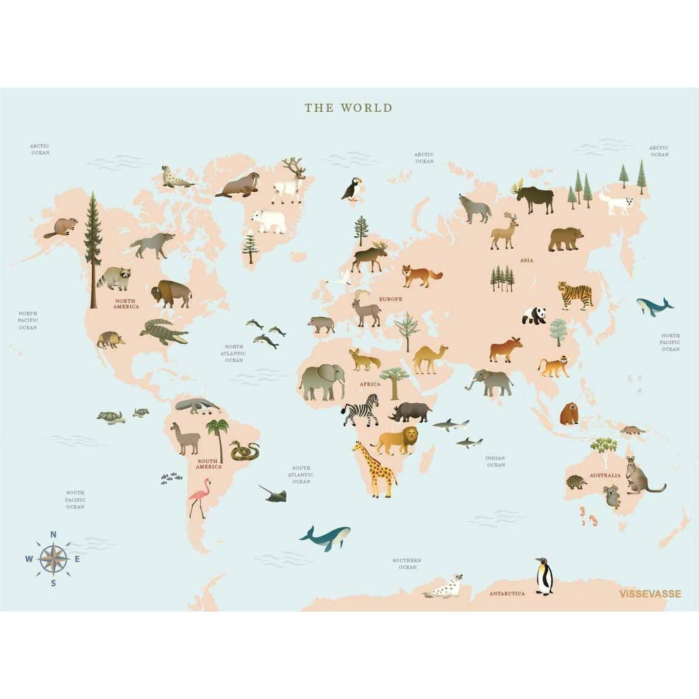 Vissevasse World Map Animal Plakat, 15 x21 cm
