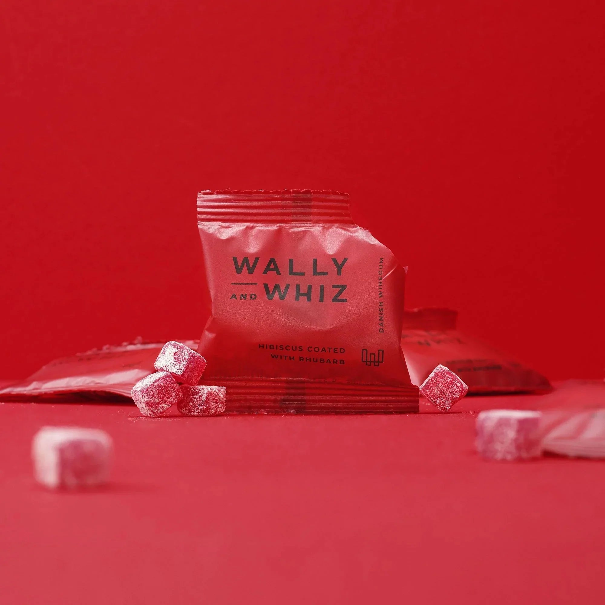 Wally og Whiz Wine Gum -flowpack -kasse med 200 flowpacks, hibiscus med rabarber/lychee med hindbær