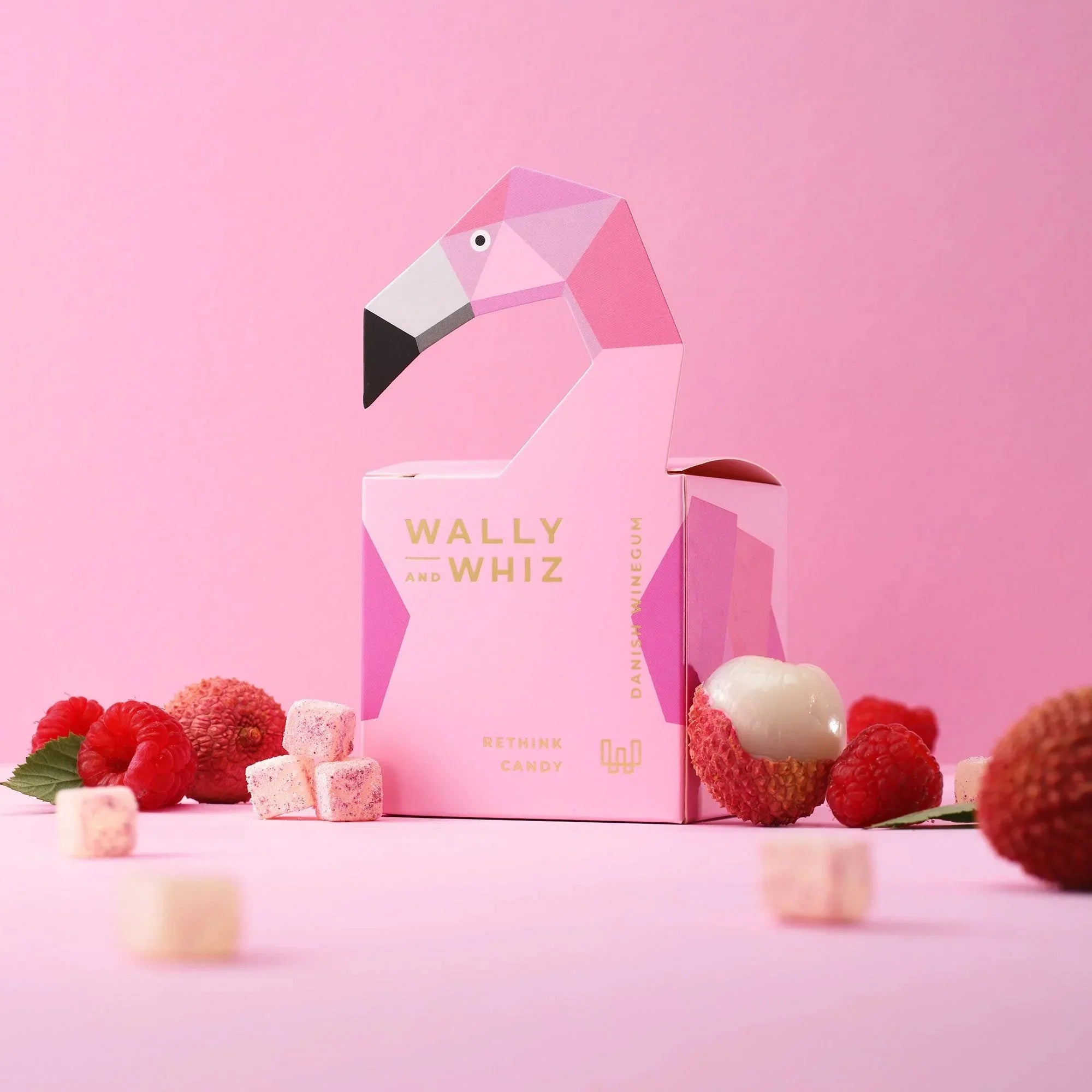 Wally og Whiz Wine Gum Cube, Flamingo Pink Lychee med hindbær, 140 g