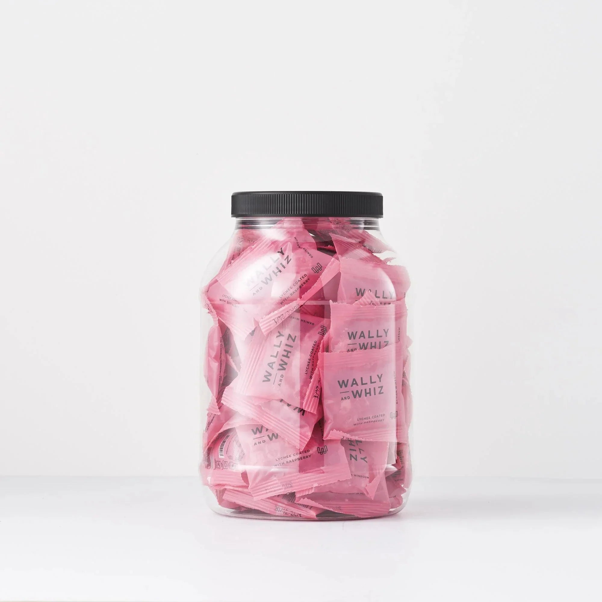 Wally und Whiz Wine Gum Jar mit 50 Flowpacks, Lychee mit Himbeer