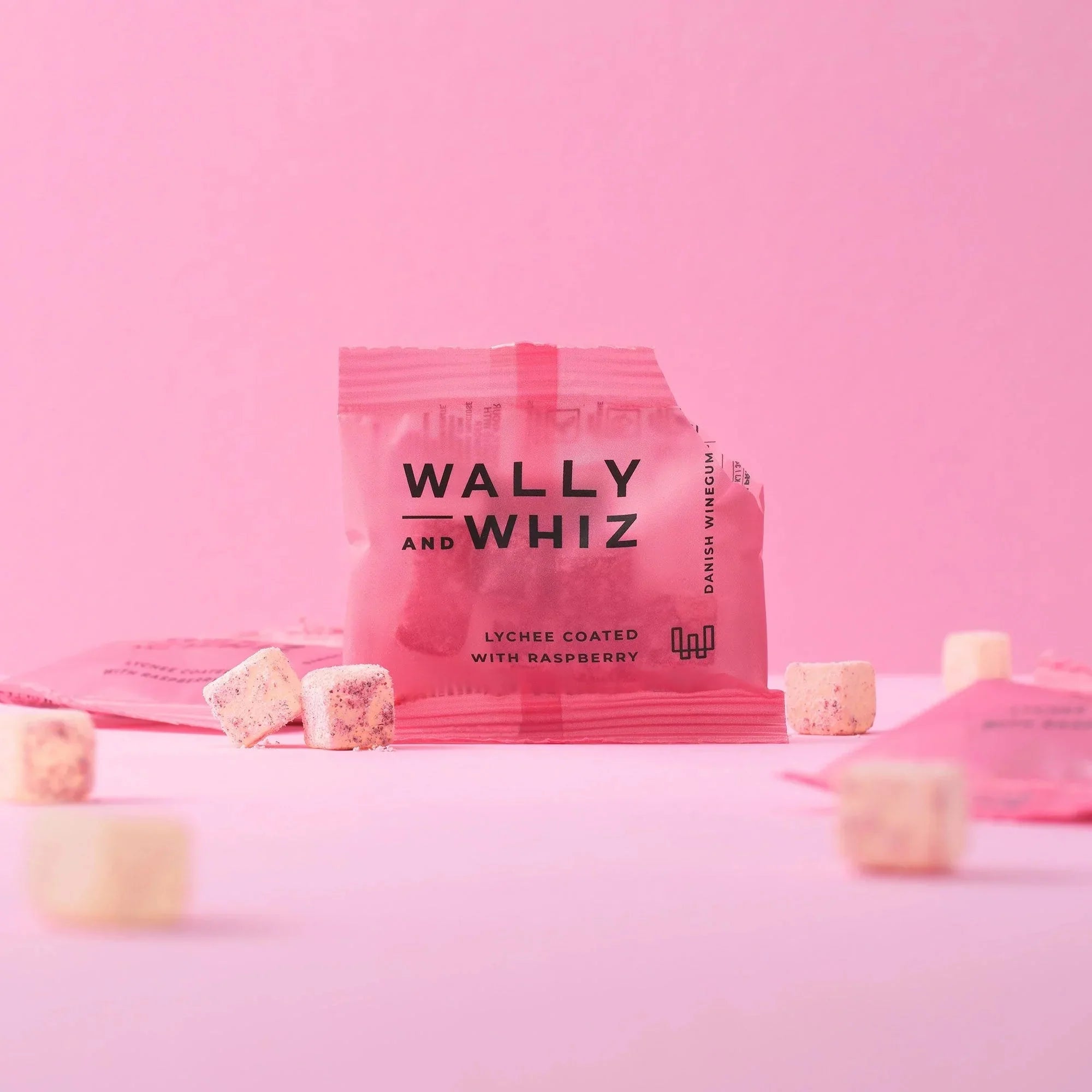 Wally y Whiz Wine Gum Jar con 50 paquetes de flujo, Lychee con frambuesa