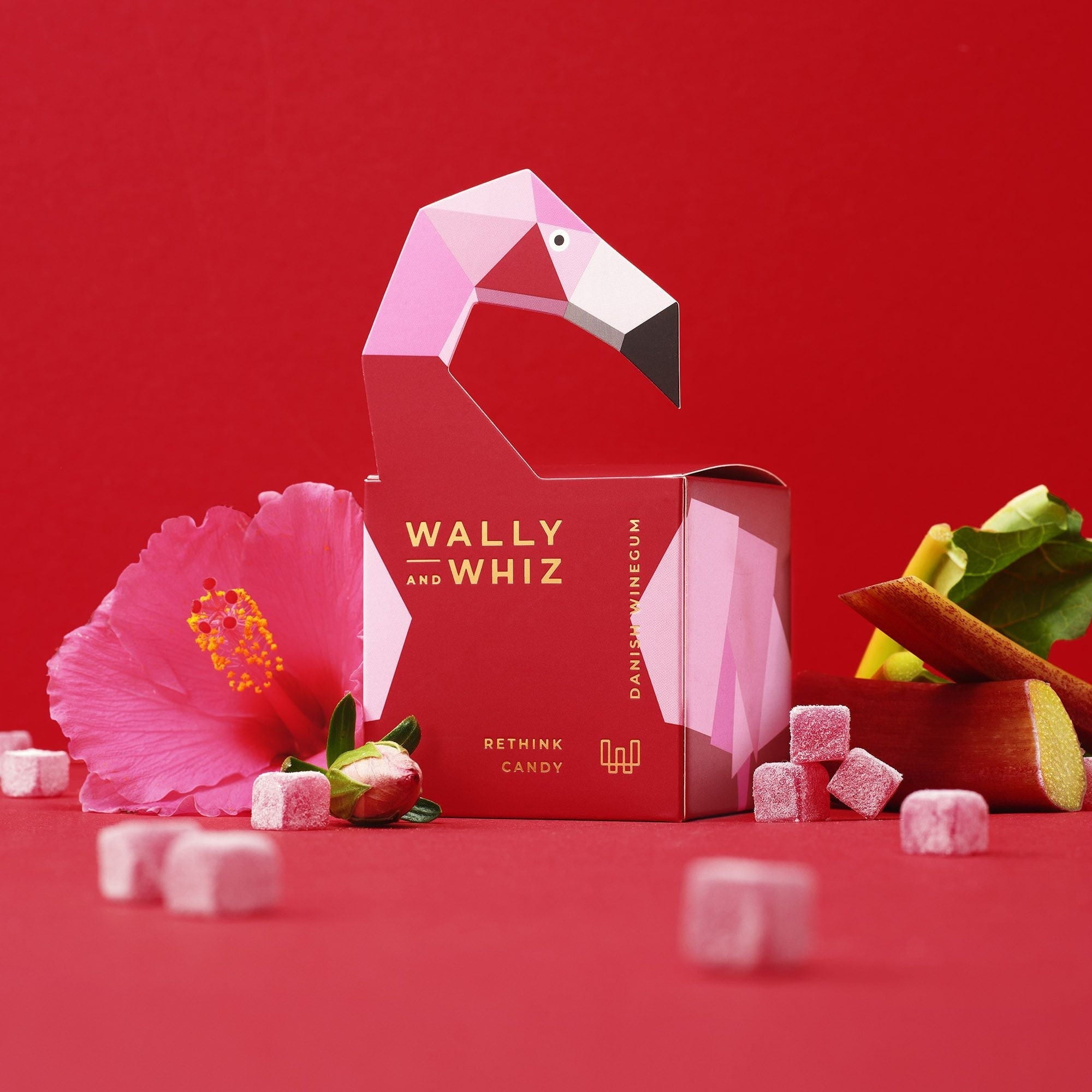 Wally og Whiz Wine Gum Cube, Flamingo Red Hibiscus med rabarber 140g