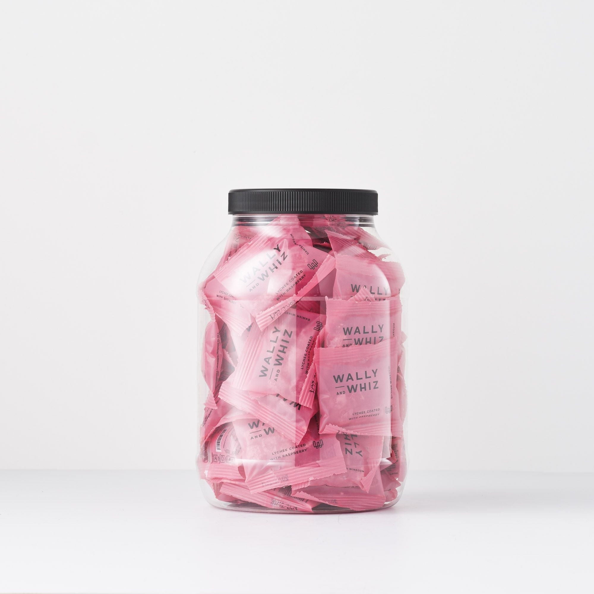 Wally y Whiz Wine Gum Jar con 50 paquetes de flujo, Lychee con frambuesa